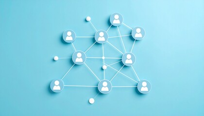 Simple data communication structure with people icons connected by lines on light blue background