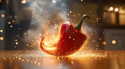 A fiery red pepper that gives off tiny sparks and warm steam.