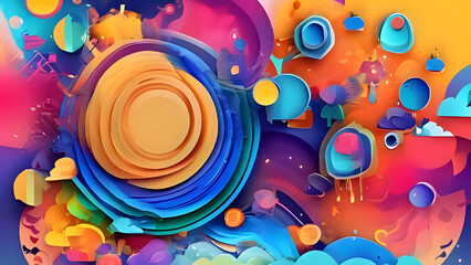 Abstract swirling colorful shapes, layered paper art design, vibrant hues, dynamic composition.