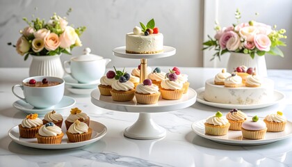 Elegant Mini Cakes on Marble Cake Stand on Pastel Gray Tabletop in Soft Natural Light