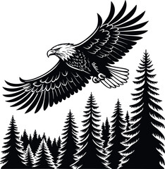 Fototapeta premium Eagle Soaring Above a Detailed Pine Forest Vector Illustration for Design