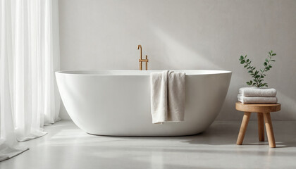 Fototapeta premium Minimalist bright bathroom with white freestanding tub, natural light, and neutral tones. 