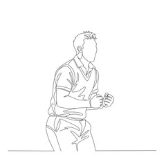 Line art illustration of a cricketer in mid-celebration, fists clenched in excitement after taking a wicket!