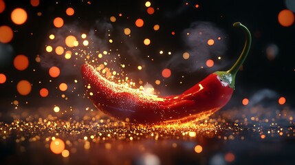 A fiery red pepper that gives off tiny sparks and warm steam.