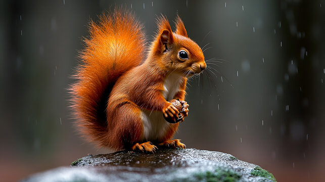 Cute squirrel in the autumn forest with autumn leaves, So cute squirre, bushy tail with nut on brown branch with green leaves