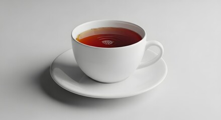 A simple still life featuring a white teacup filled with dark tea sitting on a white saucer on a white table