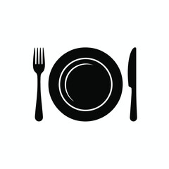 Simple black silhouette of a dinner plate with fork and knife