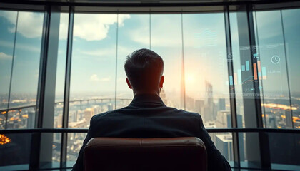 Man in suit sitting in office chair looking out large window at cityscape sunrise © MdShahajan