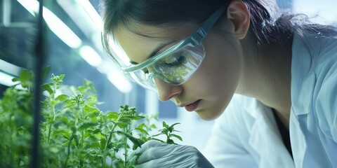 A woman researching plants in a lab.