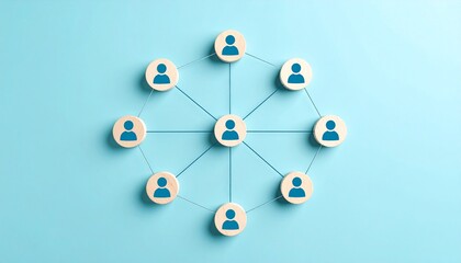 Obraz premium Simple data communication structure with people icons connected by lines on light blue background