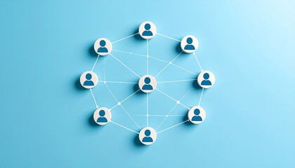 Simple data communication structure with people icons connected by lines on light blue background