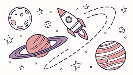 Illustration of a rocket ship flying through space with planets and stars surrounding it all around