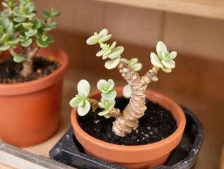 Succulent Plants in Terracotta Pots on Wooden Shelf