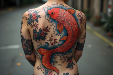 Back Tattoo Featuring Large Orange Fish and Floral Designs