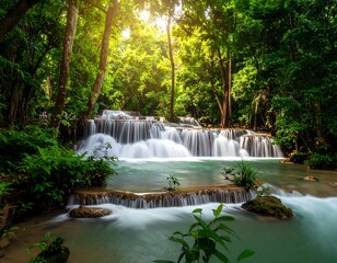 Lush waterfall cascading through a verdant jungle