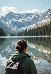 Fototapeta premium Woman Contemplates Mountain Lake Scenery
