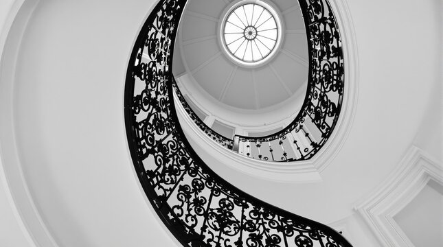 Elegant spiral staircase with ornate ironwork ascends towards a circular skylight. - Powered by Adobe