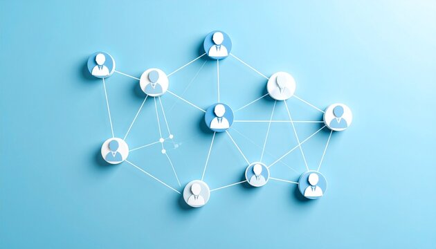 Simple data communication structure with people icons connected by lines on light blue background