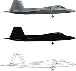 F-22 Raptor Fighter Jet | Color Realism, Silhouette & Blueprint Line Art – Stealth Aircraft Illustrations
