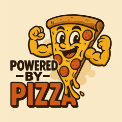 A cartoon pizza with a muscular arm and a smile on its face.