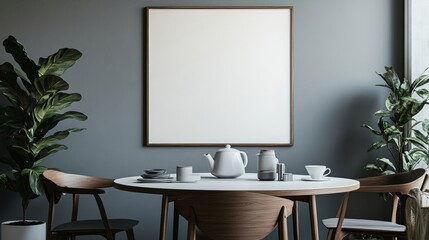 Mirror, table, chairs and potted plant in a modern minimalist breakfast nook.