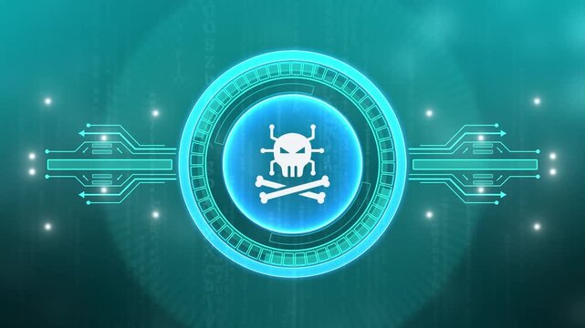 Danger Icon on Digital Hacker Screen. Skull Logo and Icon on Dynamic Technology Background. data processing data processing and computer circuit board. Adware Warning Text on hacking.