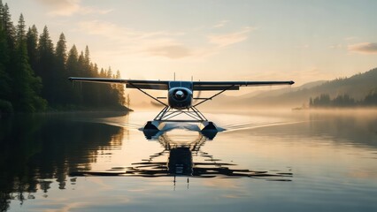 Sunrise over calm lake; seaplane floats gently on water