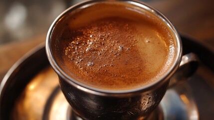 Brown beverage, cinnamon on surface, mug on saucer on table, warmth, hot drink, sweet treat.