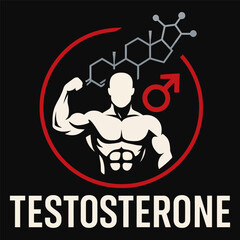 A man with a muscular body is holding a red and white sign that says Testosterone. The sign is surrounded by a red circle