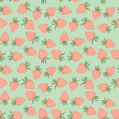 Seamless pattern with strawberry on color background. Natural delicious fresh ripe tasty fruit. Vector illustration for print, fabric, textile, banner, other design. Food concept.