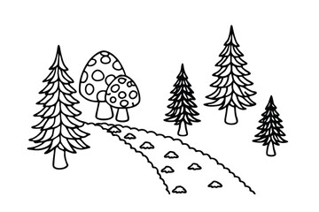 Obraz premium Forest Trail With Scattered Mushrooms And Pine Cones