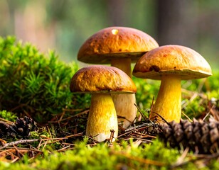 Three golden-brown mushrooms nestled in a bed of moss and pine needles, bathed in natural light
