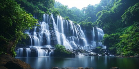 Fototapeta premium Lush greenery, calm water, majestic falls