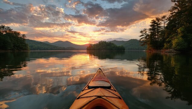 Kayak on a serene lake at sunrise.  Golden sun sets over a placid water surface.  Mountains and trees frame the view