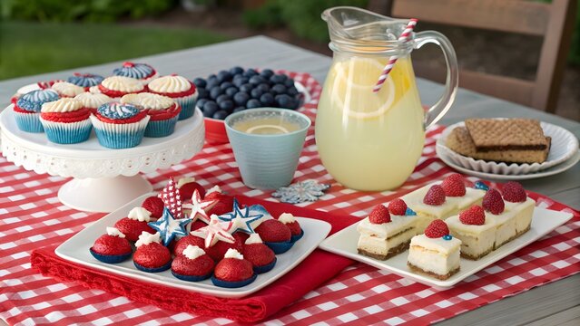 Patriotic desserts and lemonade on a red and white checkered tablecloth - Powered by Adobe