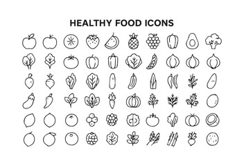 Healthy Food Icons Fruits, Vegetables and Herbs Outlines