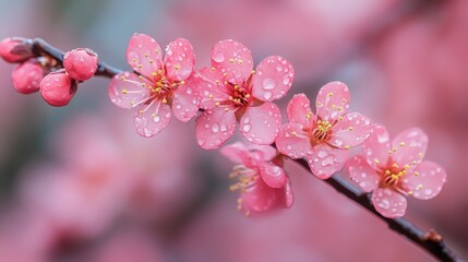 Obraz premium A delicate dance of pink and white, plum blossoms, like ethereal butterflies, unfurl their petals on a spring breeze