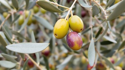 Olive Branch with Ripening Fruit Displays Seasonal Harvest