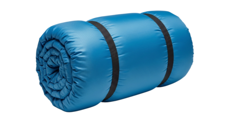 Rolled up blue sleeping bag with black straps for camping isolated PNG with Transparent Background