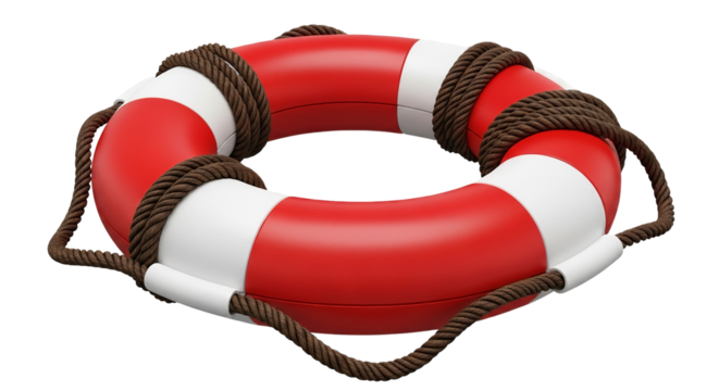 Red and white life buoy with rope isolated PNG with Transparent Background