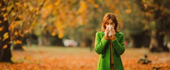 The woman sneezing in a vibrant autumn park with falling leaves.