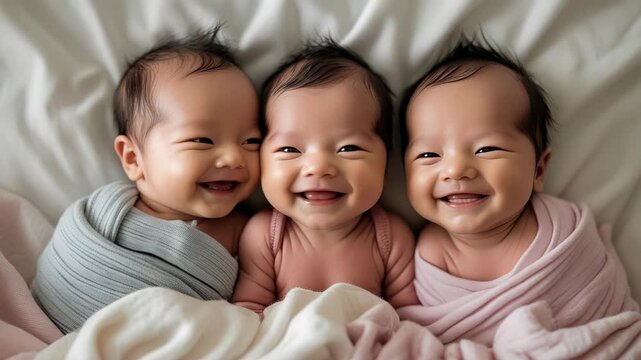 Radiant Smiles of Three Adorable Newborn Triplets Lying Together, Swaddled and Happy