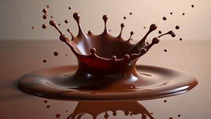 A dramatic splash of melted chocolate creating a crown shape with droplets flying outwards.