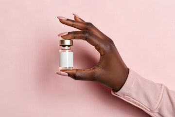 Hand holding tiny vial with metallic cap on pink background