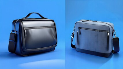 Two shoulder bags, one black leather, one gray fabric, against a blue backdrop