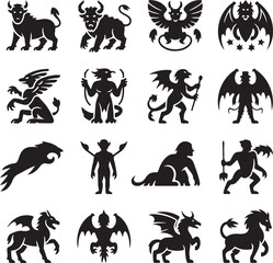 Obraz premium Heraldic, beasts, icon, set, mythological, creatures, silhouette, vector, black, isolated, illustration, design, fantasy, monster, animal