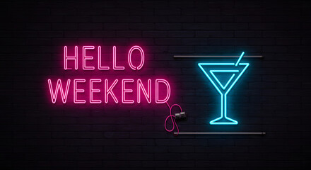 Luminous pink 'Hello Weekend' neon sign with a glowing blue martini glass on a dark brick background