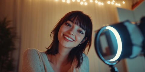 A cheerful woman with short hair and a light-colored shirt smiles at the camera in an illuminated room. She appears to be vlogging or recording.