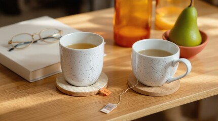 Tranquil Tea Time with Books and Fruit