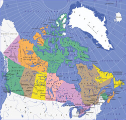 North american continent with canada, greenland,  iceland, usa. Vector political, physical, geographical world map. Arctic ocean terrain. North pole. Labrador sea, hudson bay. Victoria, baffin island. © TKalinovskaya